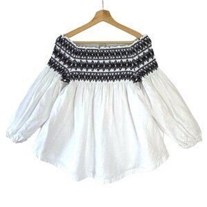 Country Road  White French Linen Black Elastic Embroidery Off Shoulder Blouse